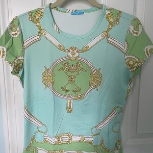 J. McLaughlin Mint & Light Green Chain-Print Short Sleeve Tee Medium